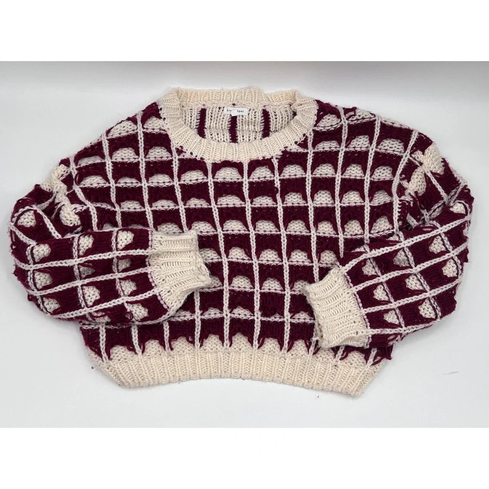 Blu Pepper Burgundy Cream Checkerboard Chunky Knit Sweater Oversized Large